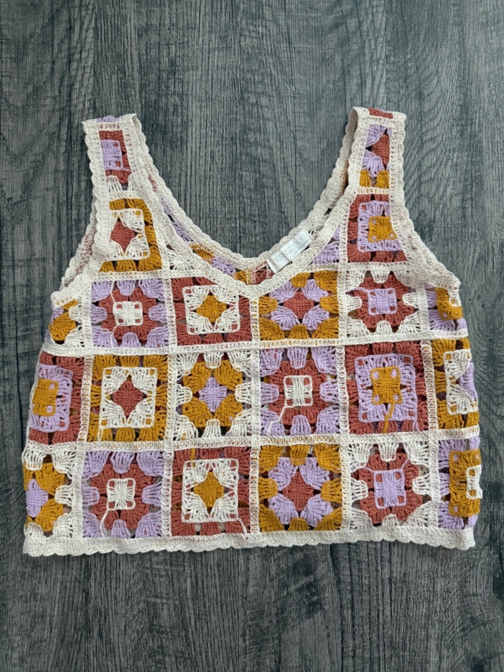 Rebellion Crochet Granny Square Crop Top M Boho Festival 70s Multicolor Knit